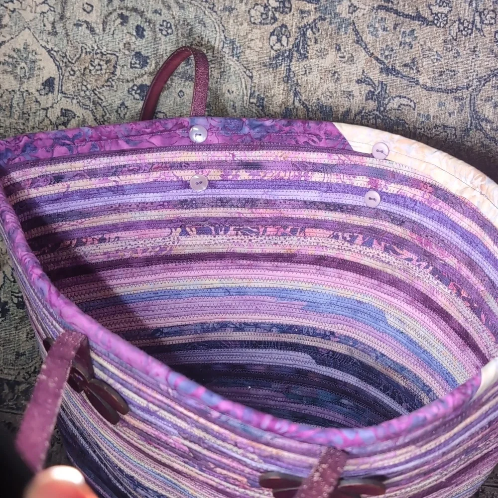 Woven Cloth & Leather Vintage Purple and Lavender Fabric Striped Tote Bag Floral